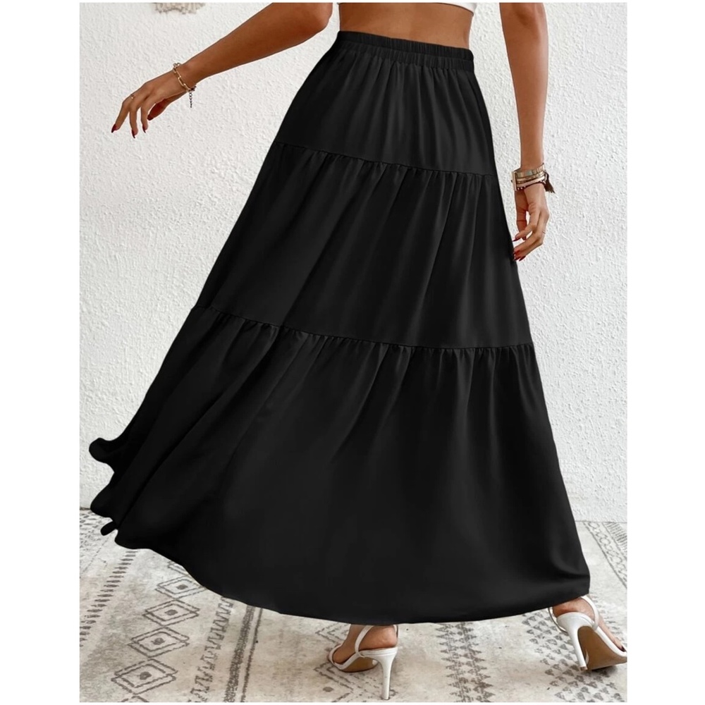 Solid High Waist Button Detail Ruffle Hem Maxi Skirt - Picture 10 of 15